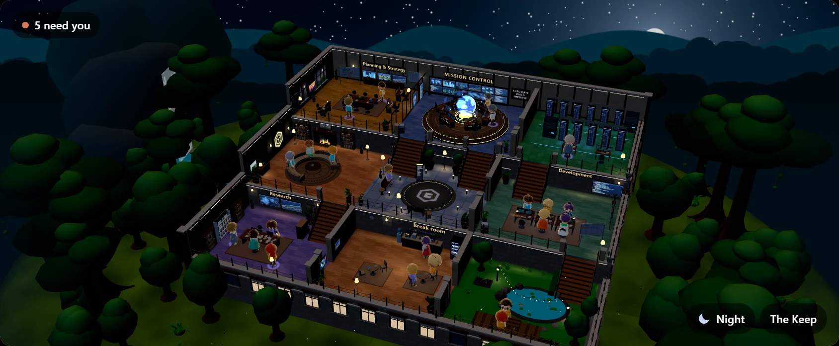 Agent Home scene widget: a 3D building with agents at work