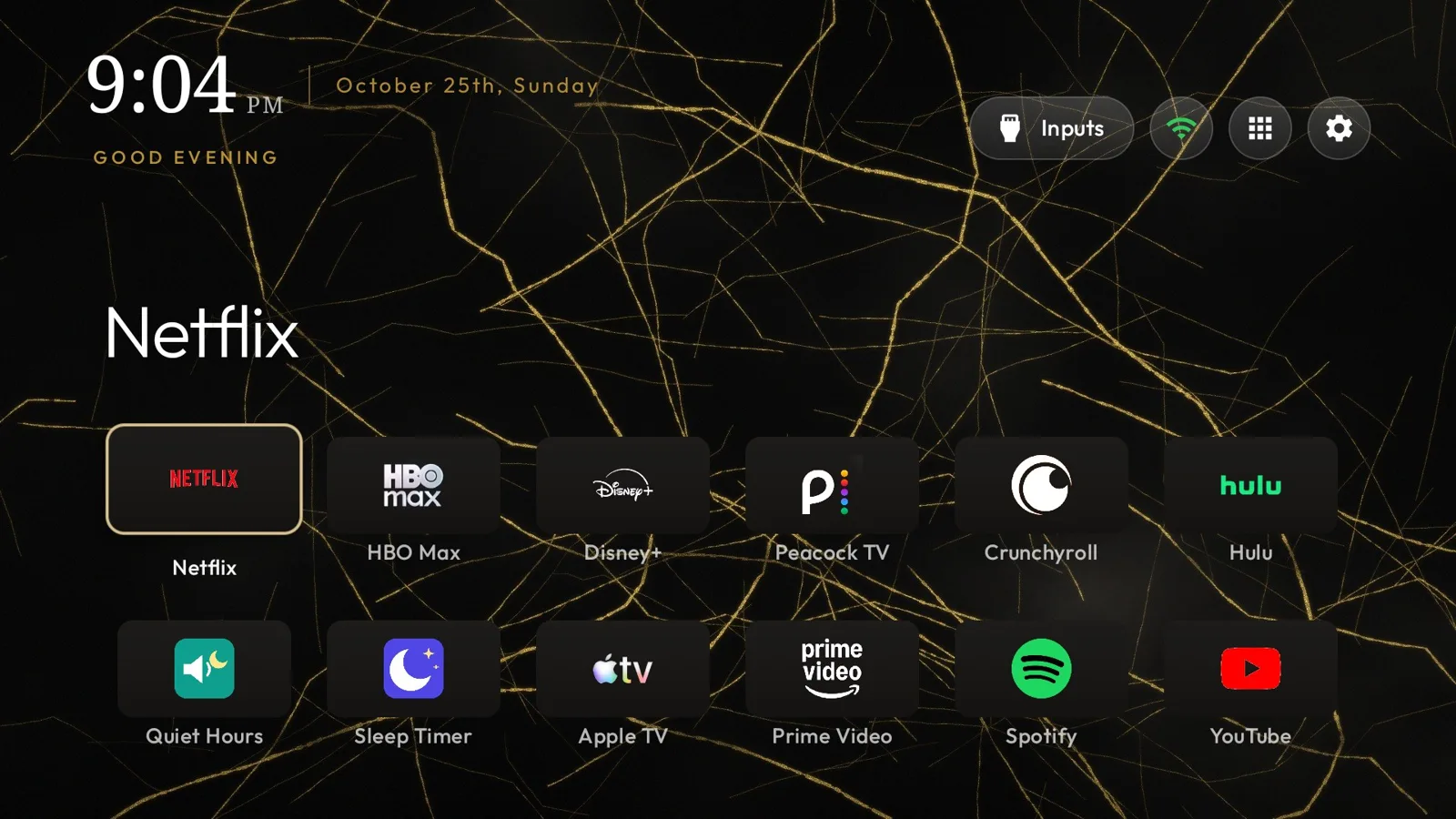 The finished home screen with the Marble skin: a serif clock, the date, and twelve apps on uniform dark tiles