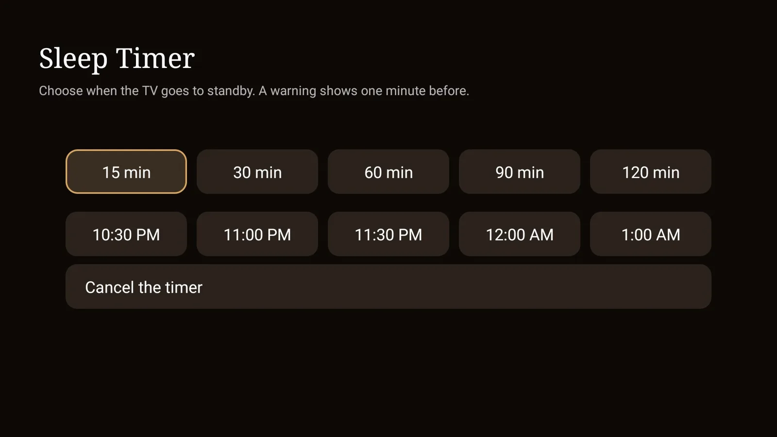 The Sleep Timer add-on: buttons for 15 to 120 minutes and for clock times from 10:30 PM to 1:00 AM