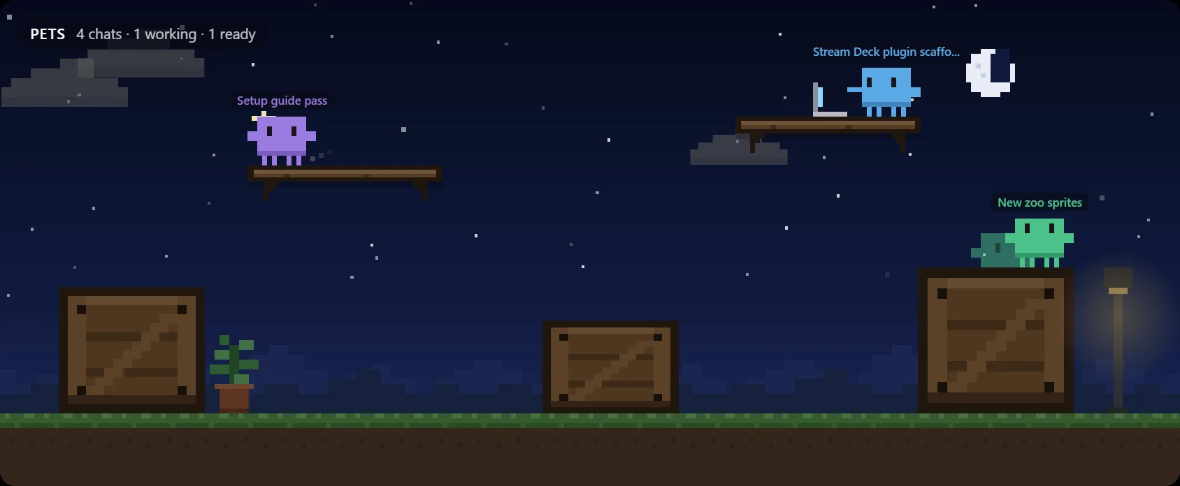 Pets widget: pixel pets on crates and shelves under a night sky, one per chat
