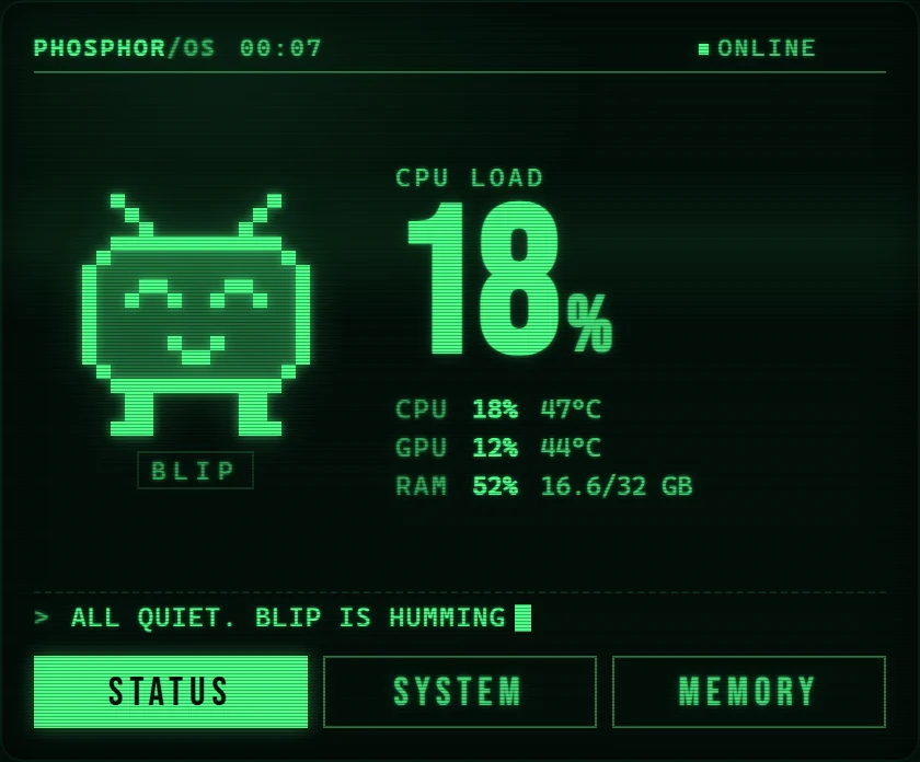 Phosphor at medium size: Blip beside CPU load at 18 percent, with Status, System and Memory tabs along the bottom.