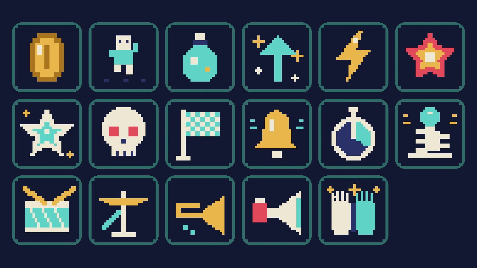 Seventeen pixel-art keys in teal and gold: coin, jump, potion, level up, lightning, explosion, hit, skull, checkered flag, bell, stopwatch, spring, drum, cymbal, trombone, air horn and clapping hands.
