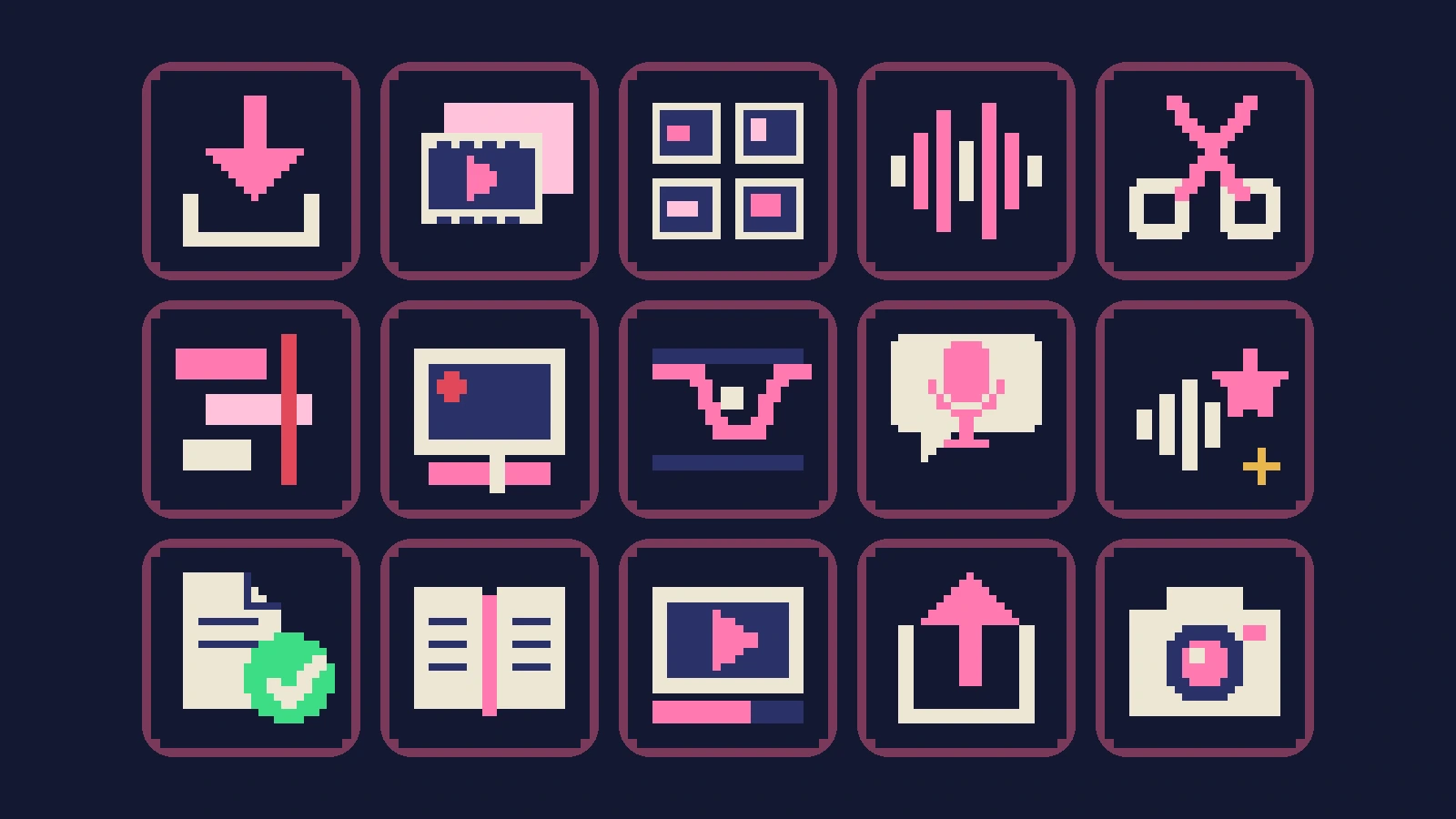 Fifteen pixel-art keys in pink and cream: download, film library, storyboard, waveform, scissors, timeline, live preview, volume dip, voice bubble, clean voice, fact check, open book, render, export and camera.