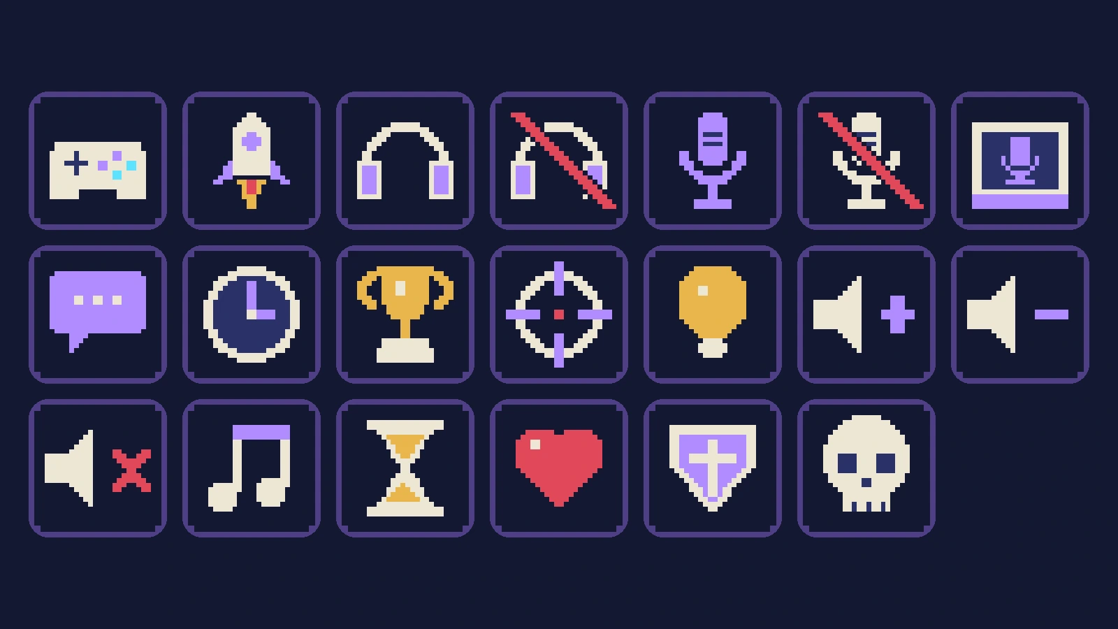 Twenty pixel-art keys in violet and cream: controller, rocket, headset, deafen, mic on, mic off, push to talk, chat, clock, trophy, crosshair, light bulb, volume up, volume down, mute, music, hourglass, heart, shield and skull.