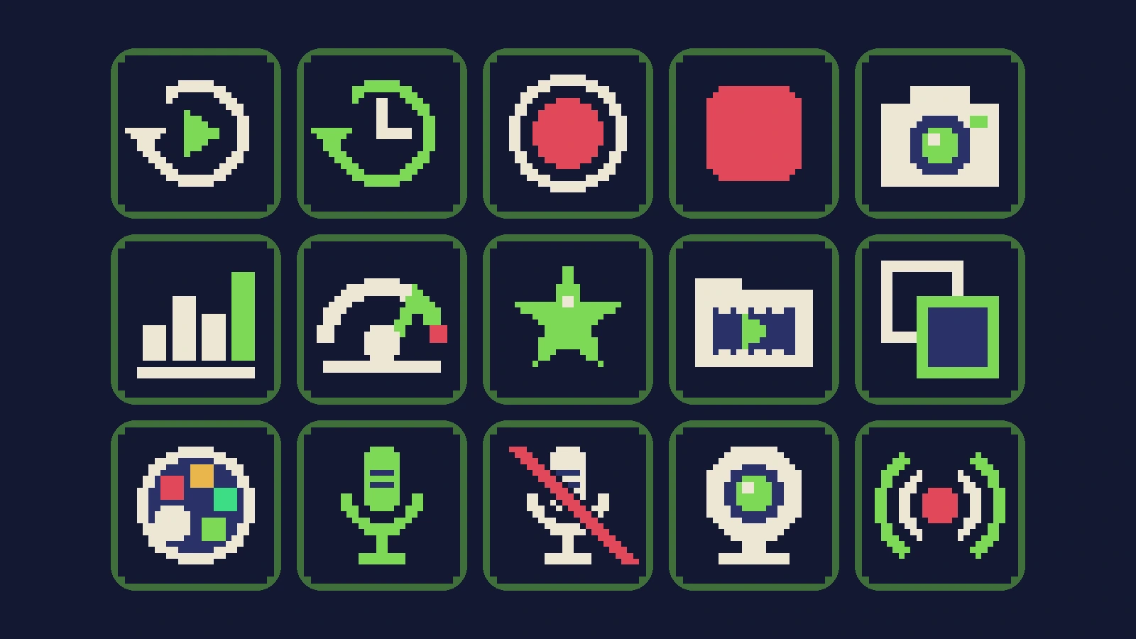 Fifteen pixel-art keys in green and cream on dark tiles: save replay, instant replay, record, stop, screenshot, stats, FPS gauge, highlights, clip library, overlay, filters, mic on, mic off, webcam and go live.