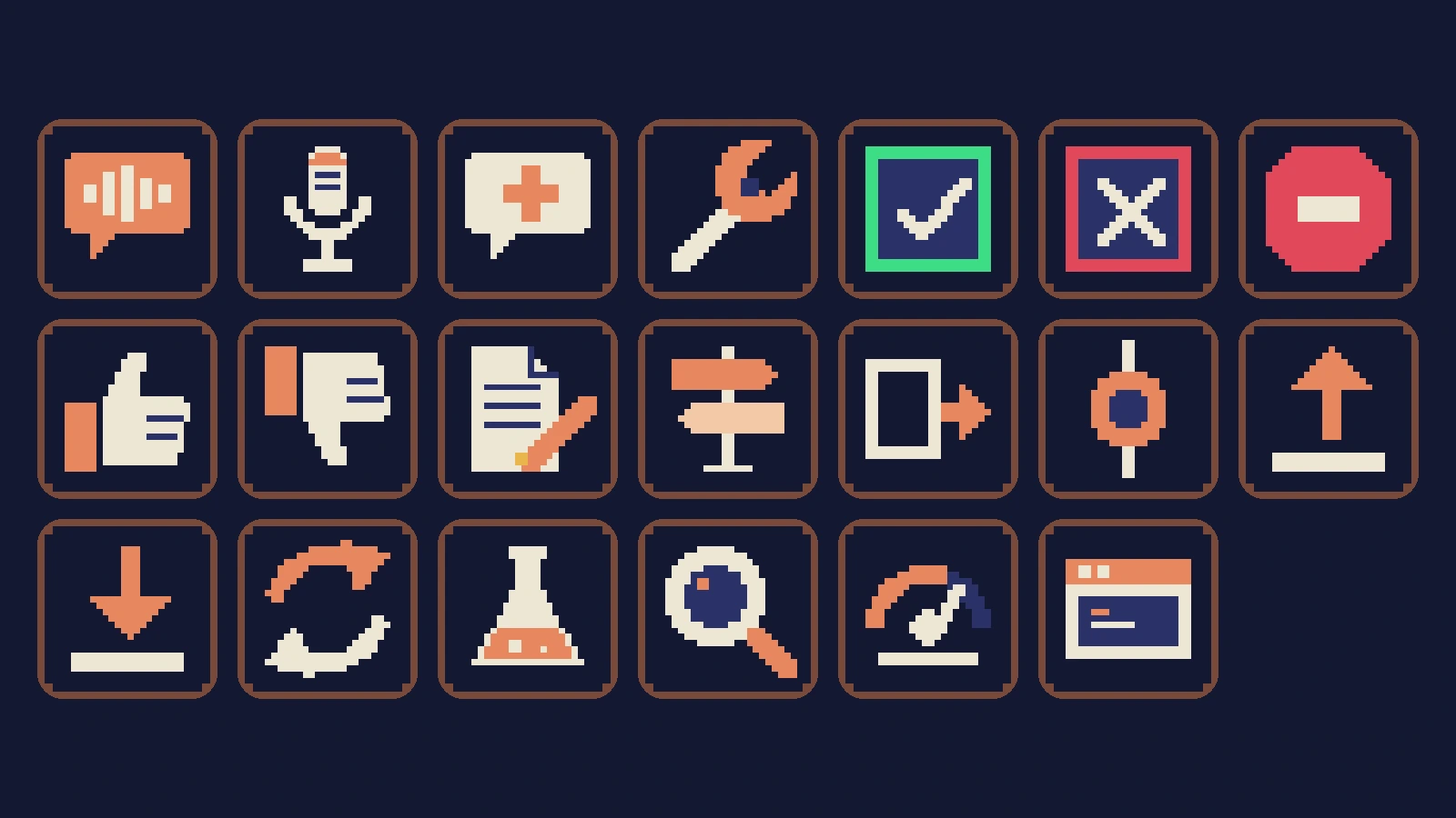 Twenty pixel-art keys in terracotta and cream: talk, dictate, new chat, fix it, approve, reject, stop, thumbs up, thumbs down, note, decision signpost, handoff, commit, push, pull, sync, test flask, review, usage gauge and open app.