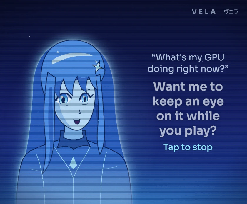 Vela at medium size: the glowing profile on top, her name, a Speaking status and the answer in captions below.